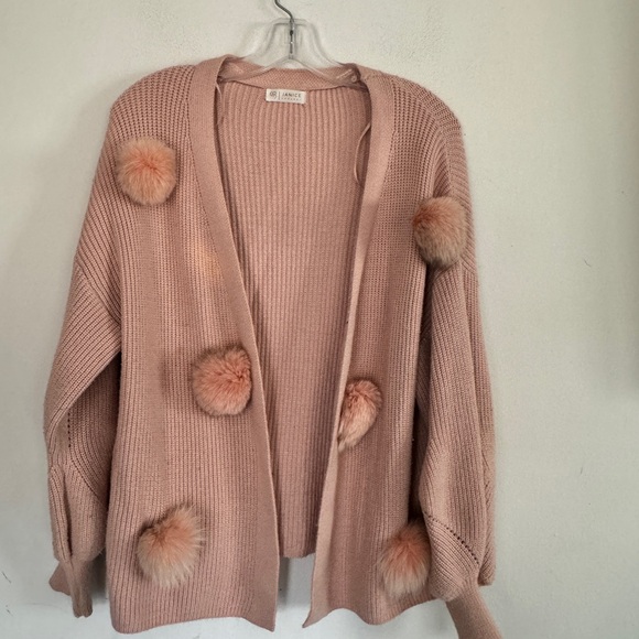 Janice Apparel Womens Pink Ribbed Knit Pom Pom Open Cardigan Sweater, Size Large - Picture 2 of 5